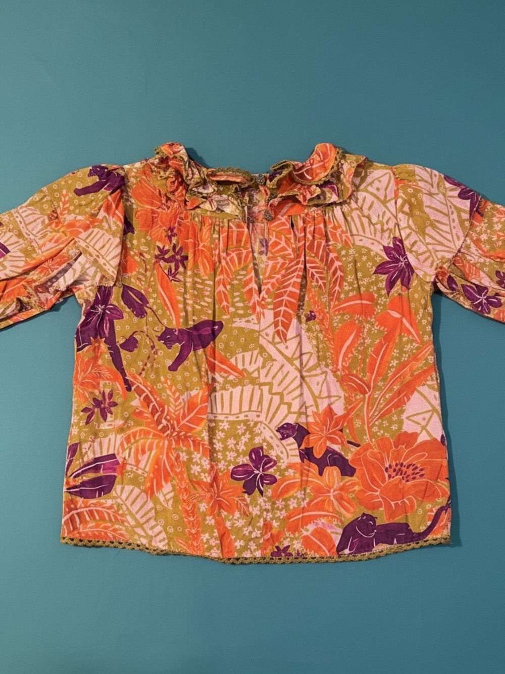NWT FARM Rio Jungle Panther Ruffle Top XL Orange/Purple - Picture 4 of 6